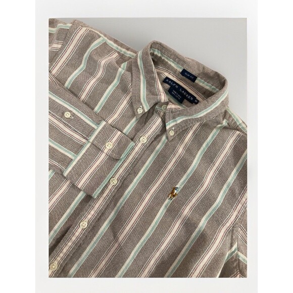 Ralph Lauren Boys Shirt 10 Slim Brown Stripe Oxford Button Up Pony Logo Preppy - Picture 1 of 8
